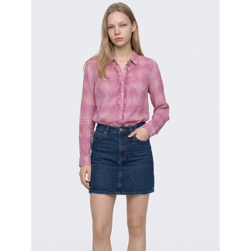 Eddie Bauer Ruffle Button Up Shirt Pink Long Sleeve Western Plaid